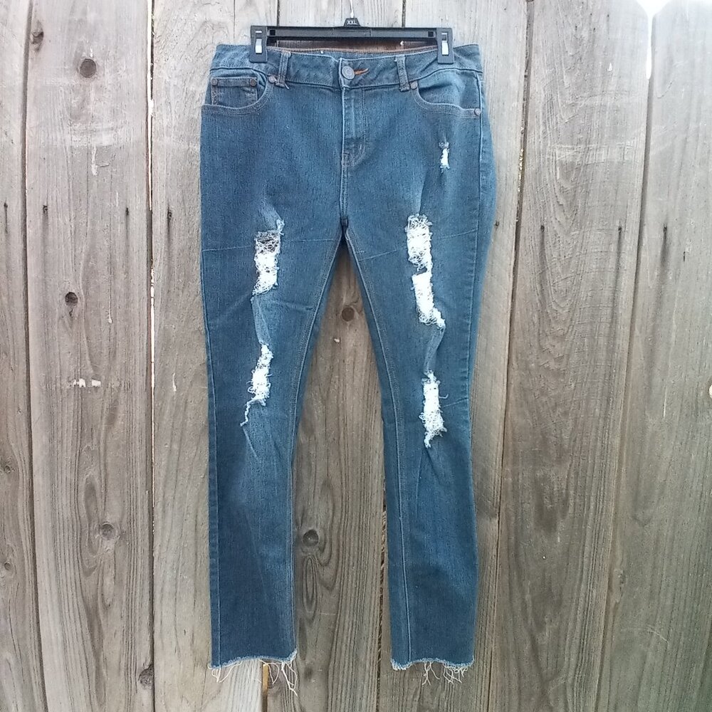 SWEET LOOK JEANS SZ 11 TEENS BLUE DISTRESSED STRETCH POCKETS ZIP CLOSURE MOM